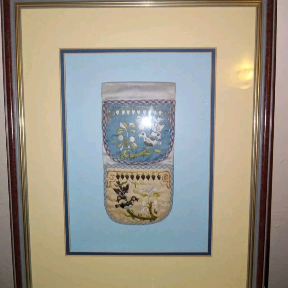 Framed Vintage Chinese Doubled Sided Silk Embroidery Coin Purse